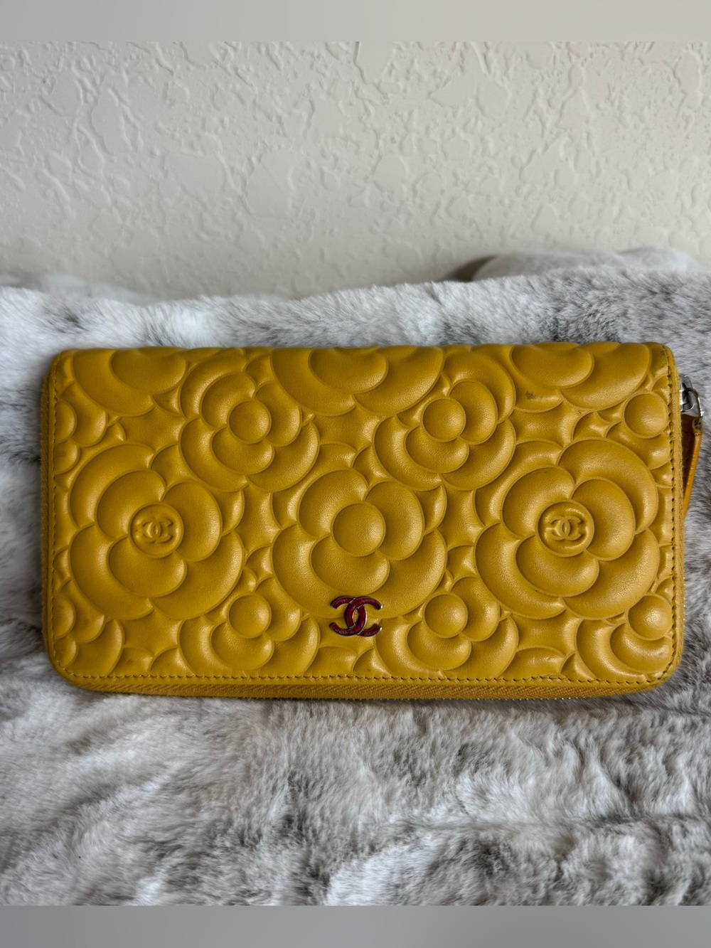 CHANEL Camellia Zip Around Long Wallet Yellow Leather CC Wallet P0067
